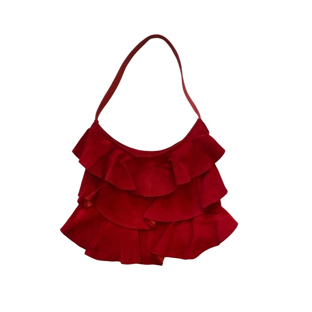 Red Suede Ruffle Hobo Bag Genuine Leather Tiered Shoulder Bag with Card Holder